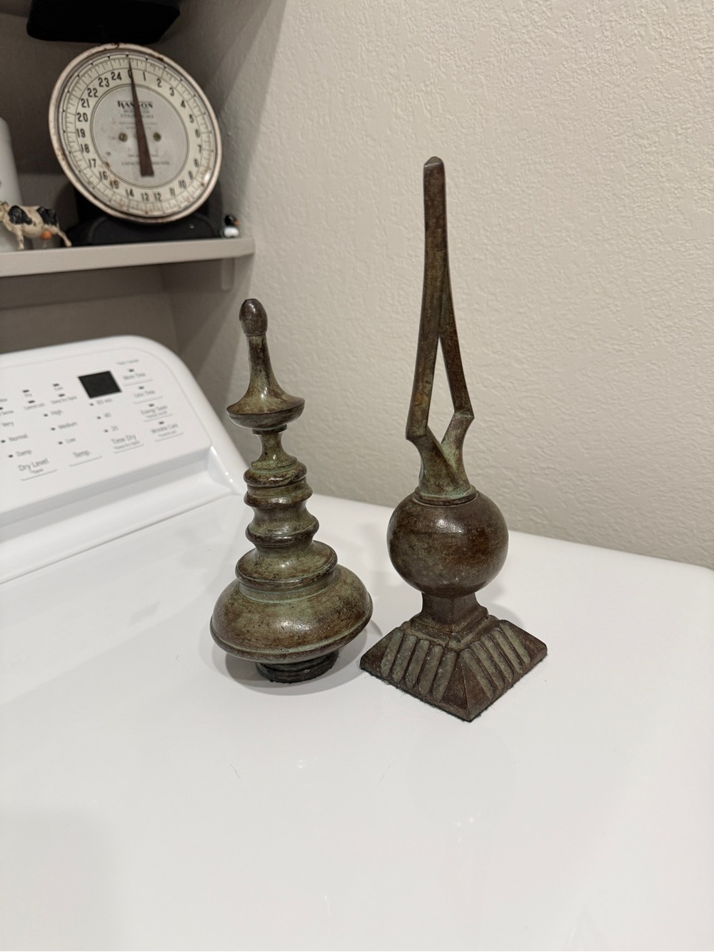 Vintage Bronze-Green Decorative Finial Pair Heavy Sculptural Mantel Accents - Picture 8 of 15